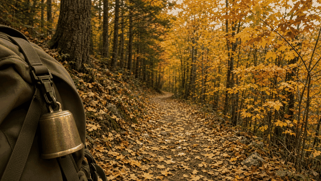 A quiet mountain hiking trail through a beech and maple forest in bright autumn colours, with a small bear bell hanging from a backpack strap in the foreground