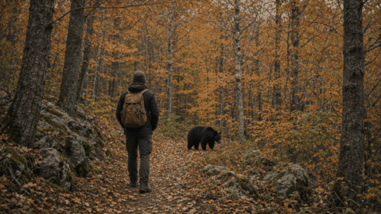 A hiker seen from behind, stopped on an autumn forest trail, with a black bear among the trees off to the side
