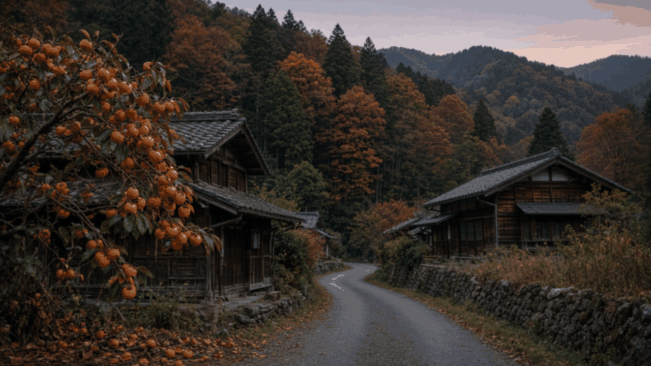 A rural Japanese mountain village road at dusk in autumn, with persimmon trees heavy with orange fruit next to old wooden houses and forest behind
