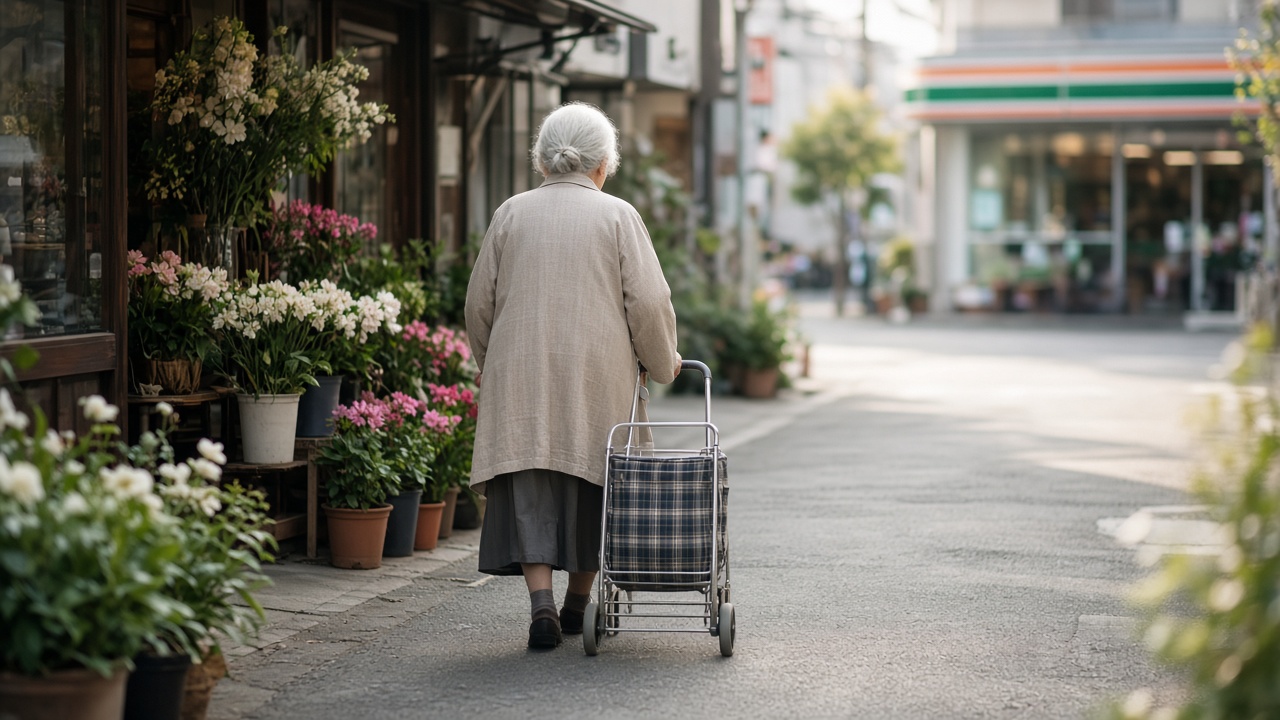 An older woman walking a quiet residential street with a shopping trolley