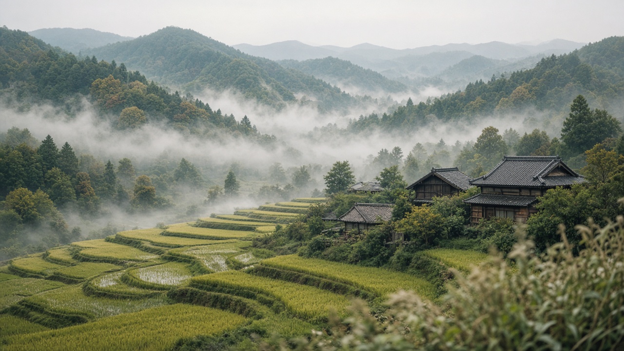 Misty terraced rice fields and farmhouses in a rural mountain valley
