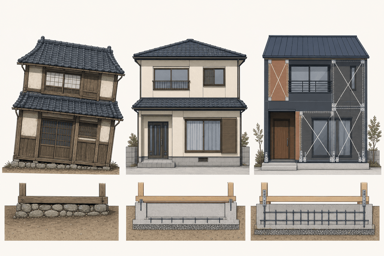Illustration comparing three Japanese houses: an old traditional wooden house with heavy clay tile roof on a shallow stone foundation, a 1980s–90s house with concrete perimeter foundation, and a modern house with visible structural bracing, hold-down connectors and a reinforced concrete slab