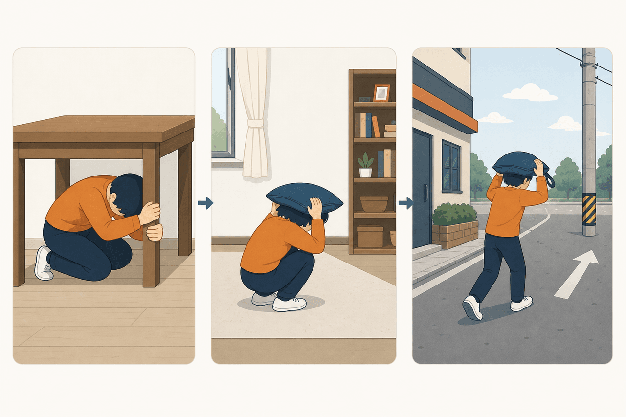 Three-panel illustration showing earthquake responses: taking cover under a sturdy table, crouching away from windows and shelves while shielding the head, and moving away from buildings into open space outdoors