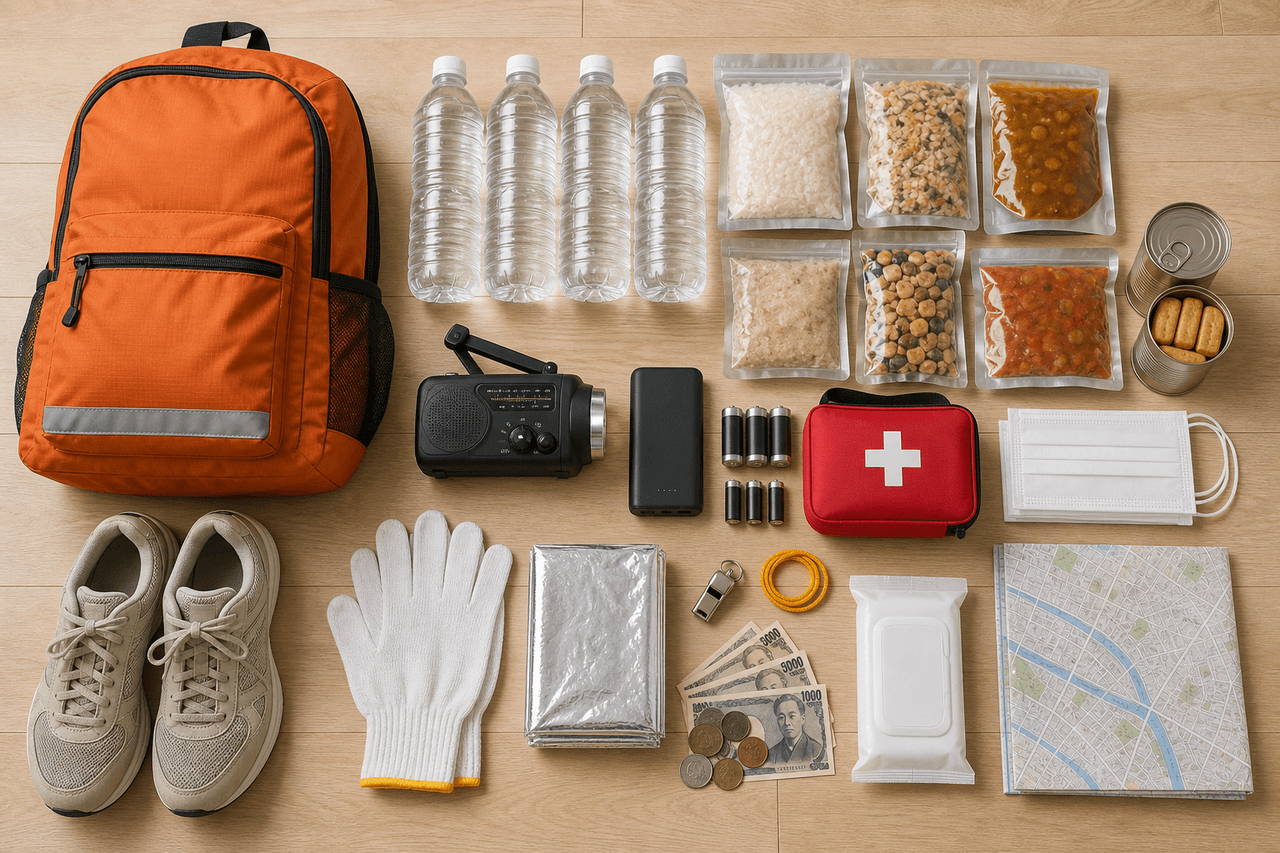 Overhead flat-lay of a Japanese household emergency kit: orange backpack, bottled water, sealed emergency food, hand-crank radio, power bank, batteries, first-aid pouch, masks, gloves, thermal blanket, whistle, sturdy shoes, cash and a folded hazard map