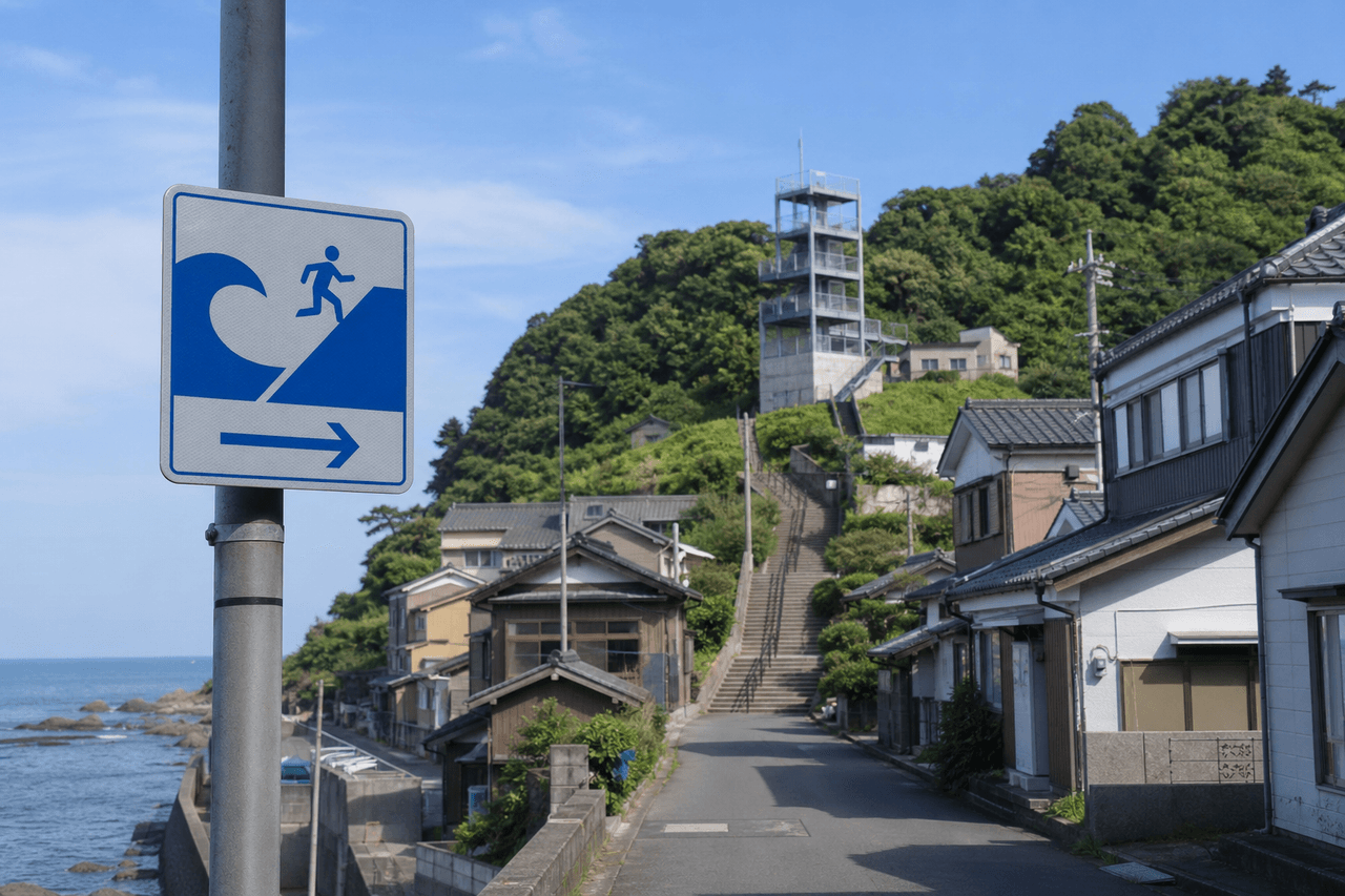 A Japanese blue-and-white tsunami evacuation route sign showing a wave and a running figure, with a coastal street leading uphill to a forested hillside, staircase and evacuation tower