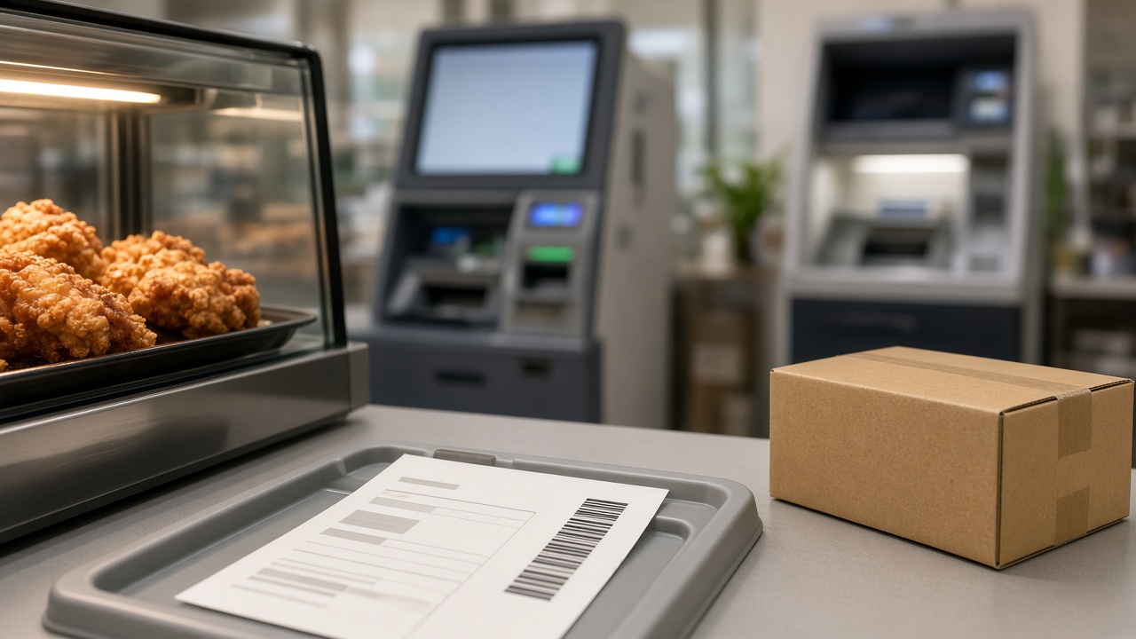 A barcoded payment slip in the change tray and a parcel waiting on a konbini counter, beside a hot case of fried chicken, with a multi-copy kiosk and an ATM behind
