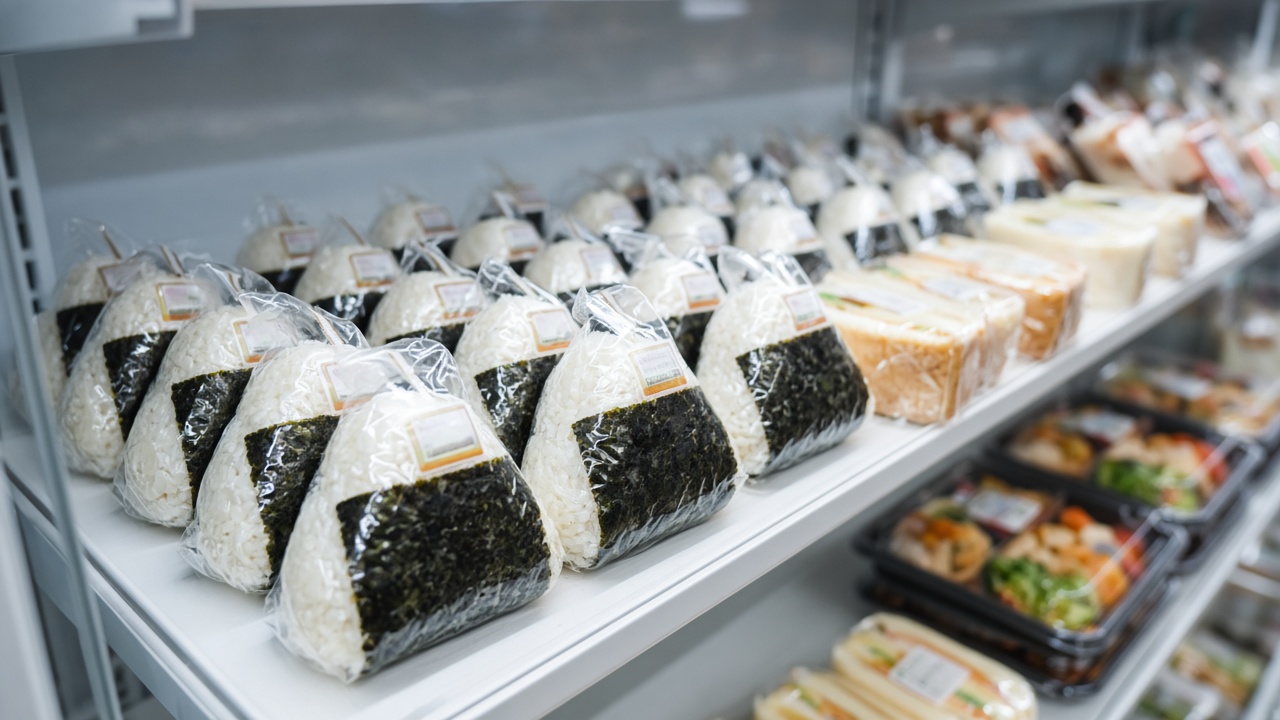 Rows of film-wrapped onigiri with nori on a chilled konbini shelf, with sandwiches and bento boxes further along