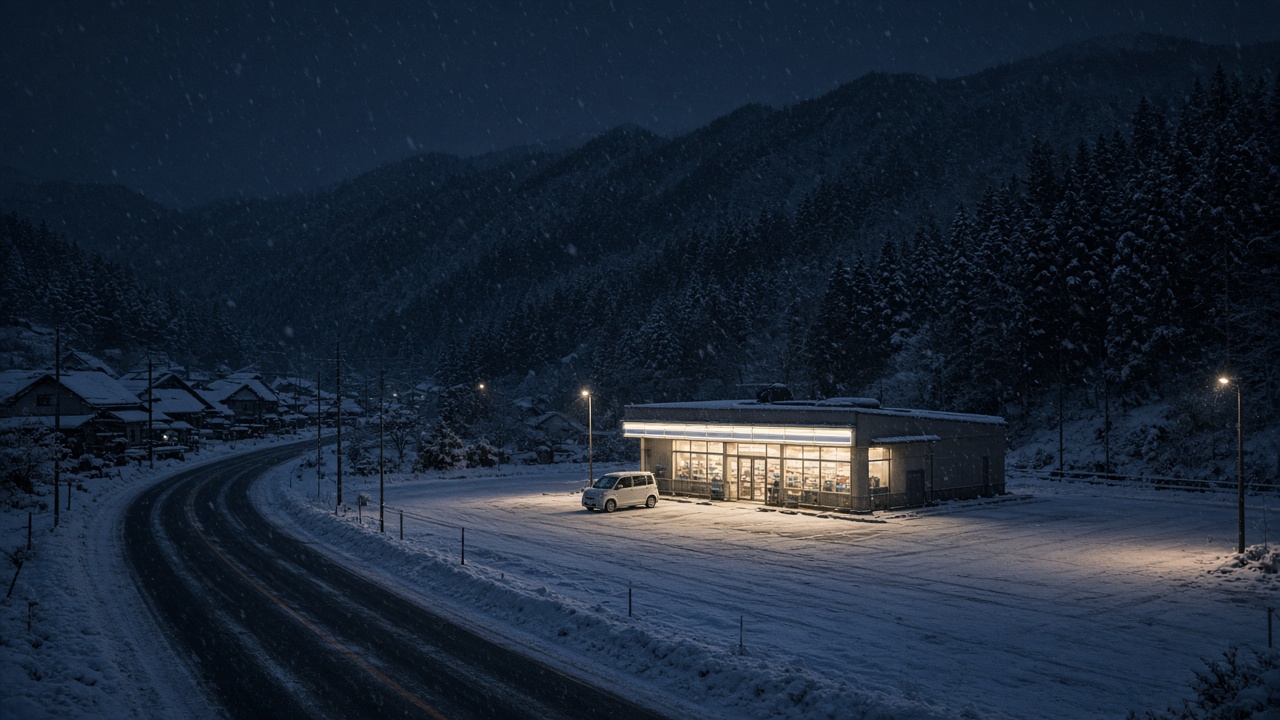 A lone convenience store lit up beside a curving, snow-covered road in a mountain village at night, with a single kei car in its car park