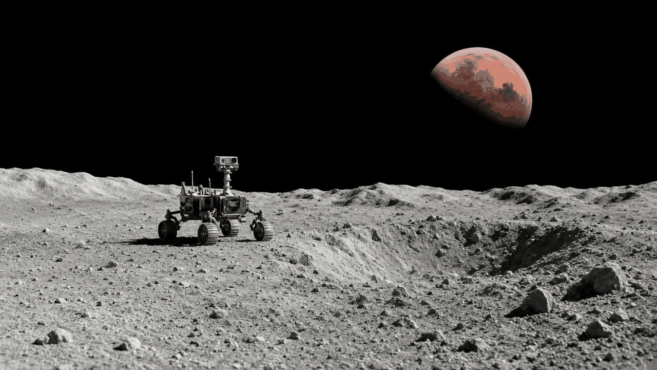A small wheeled rover on the grey, dusty, cratered surface of a small moon, with a large reddish planet low in the black sky
