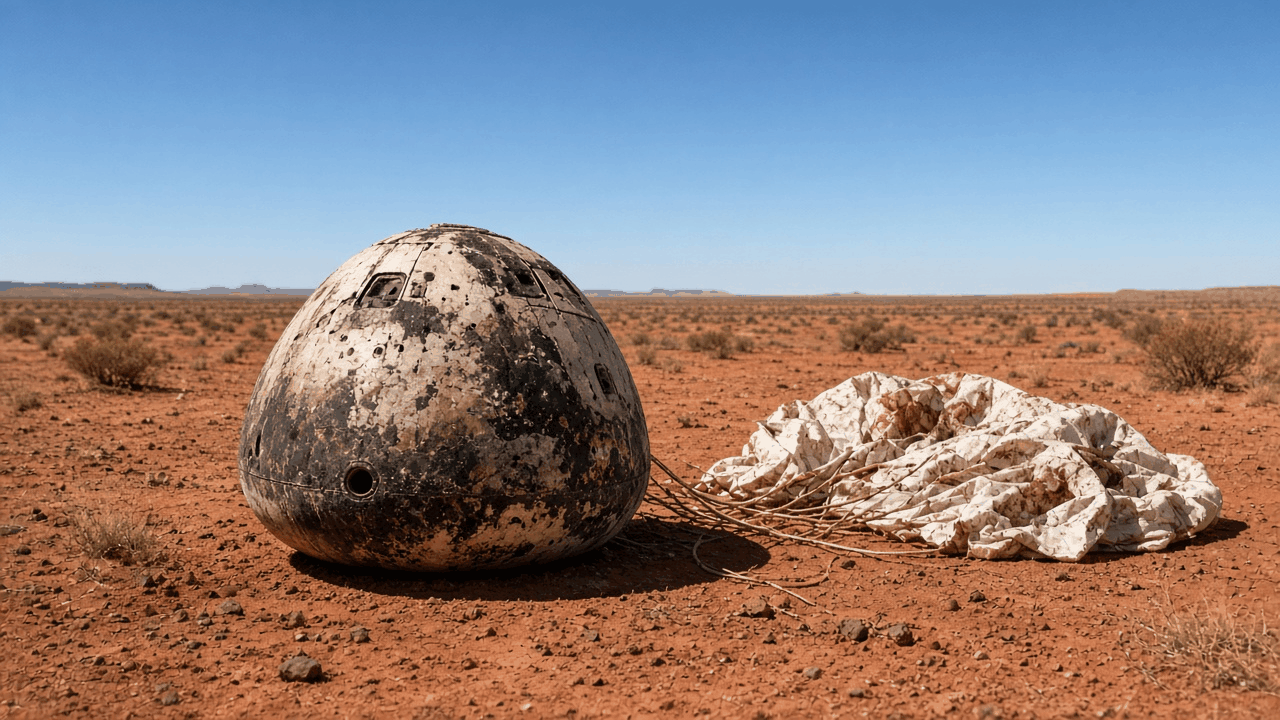 A small round heat-scorched re-entry capsule lying on red desert sand under a clear sky, with a parachute spread out behind it