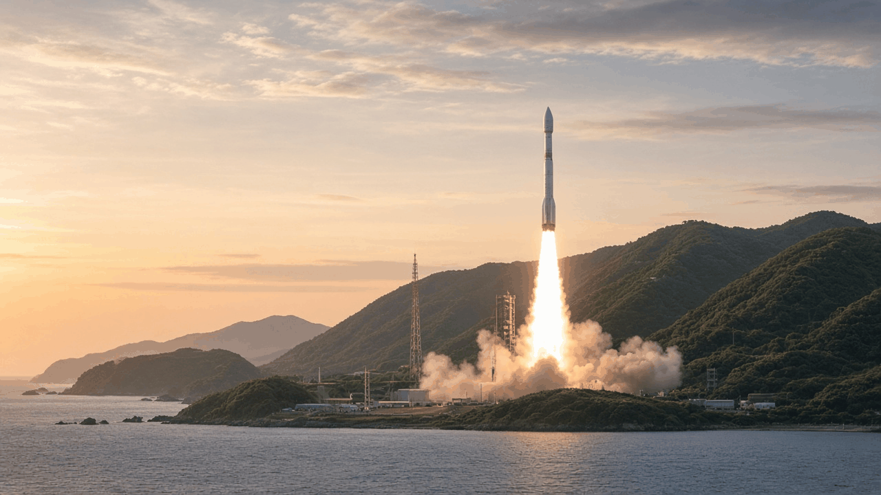 An H3-style rocket lifting off at dawn from a seaside launch pad, with a bright exhaust plume and green coastal hills