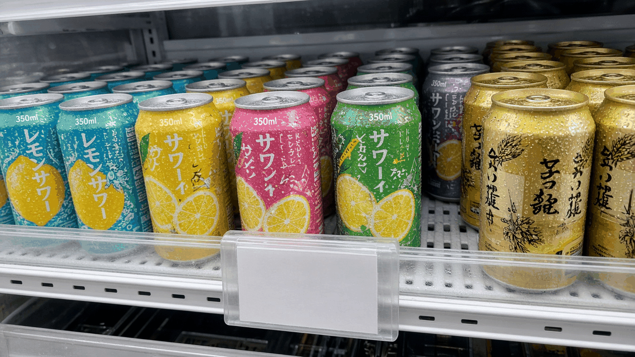 A supermarket fridge shelf lined with colourful canned chu-hi and lemon sours next to cans of beer, with a small price card in front