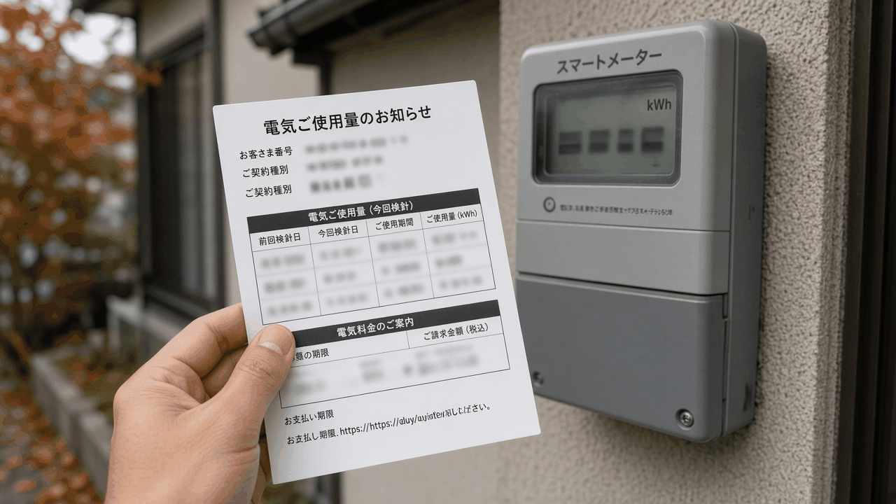 A hand holding a Japanese electricity usage notice (電気ご使用量のお知らせ) in front of a grey smart meter on the outside wall of a home