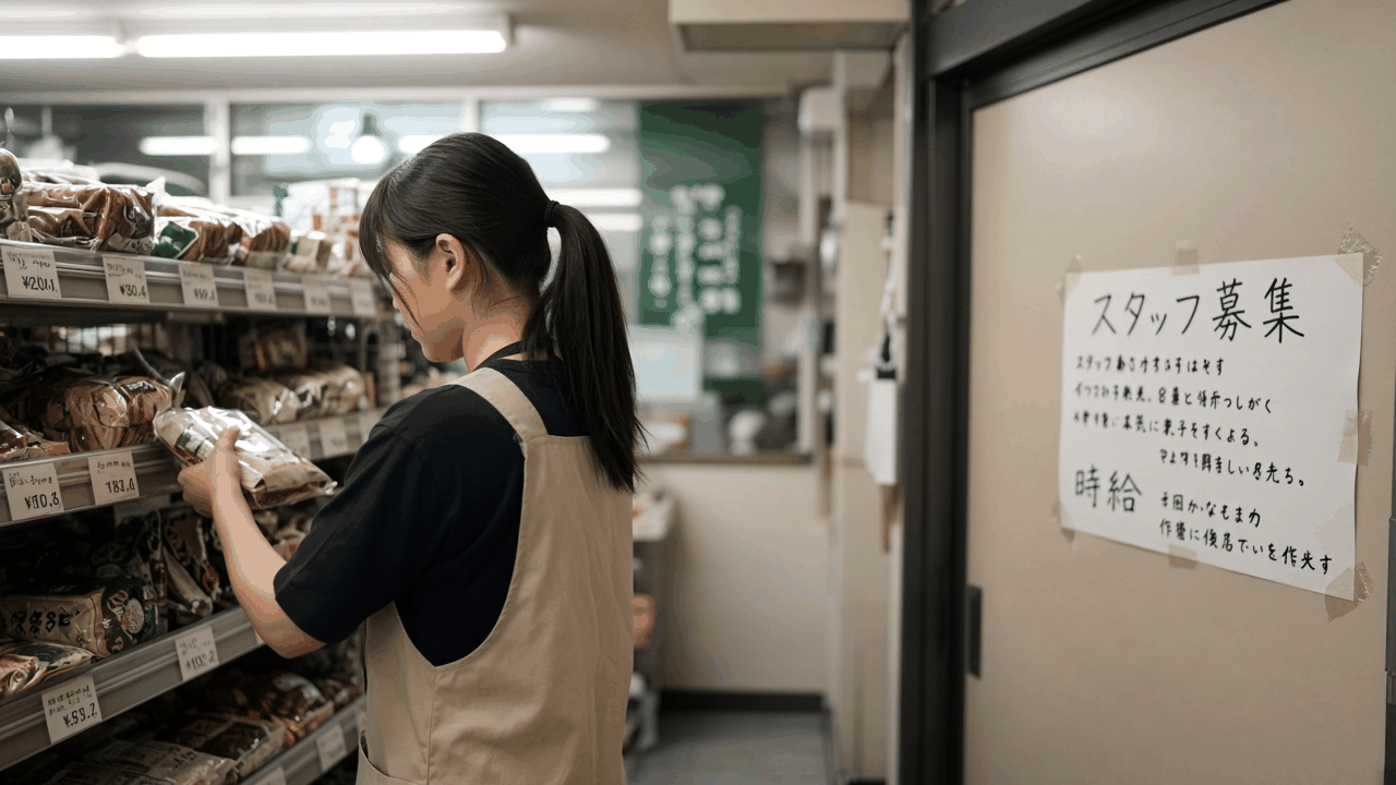 A young part-time worker in an apron restocking bread in a small shop, beside a handwritten notice on the door headed スタッフ募集 (staff wanted) with a line for 時給 (hourly wage)