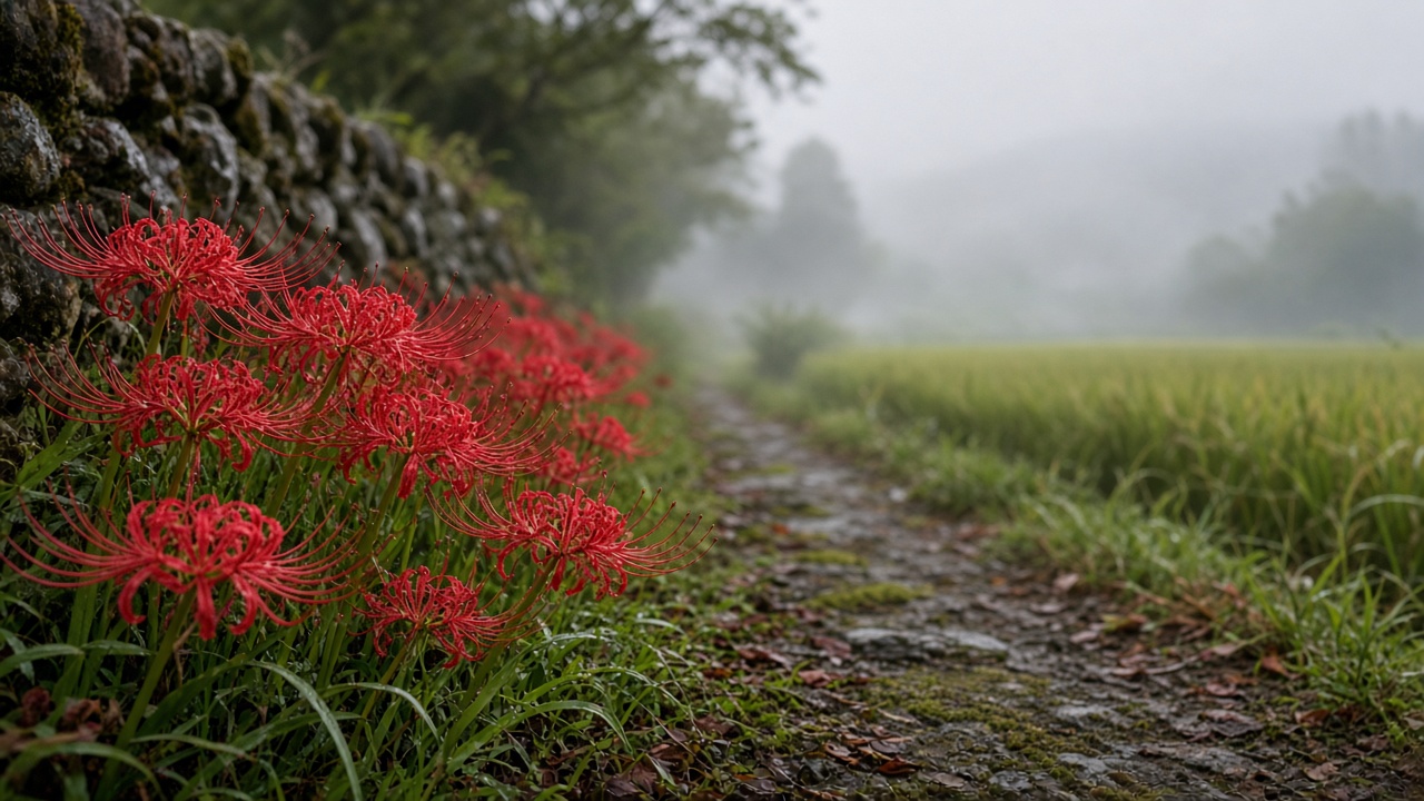 Red spider lilies (higanbana) along a misty rural path