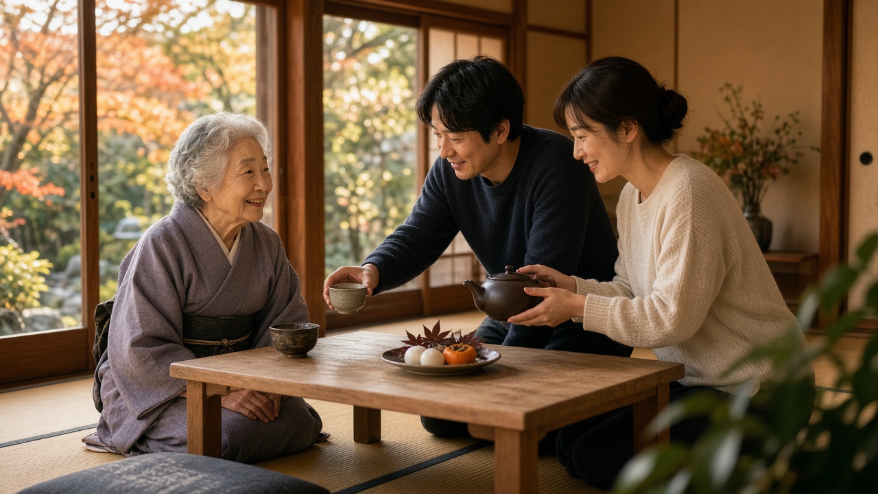 Three generations sharing tea in a washitsu on Respect for the Aged Day
