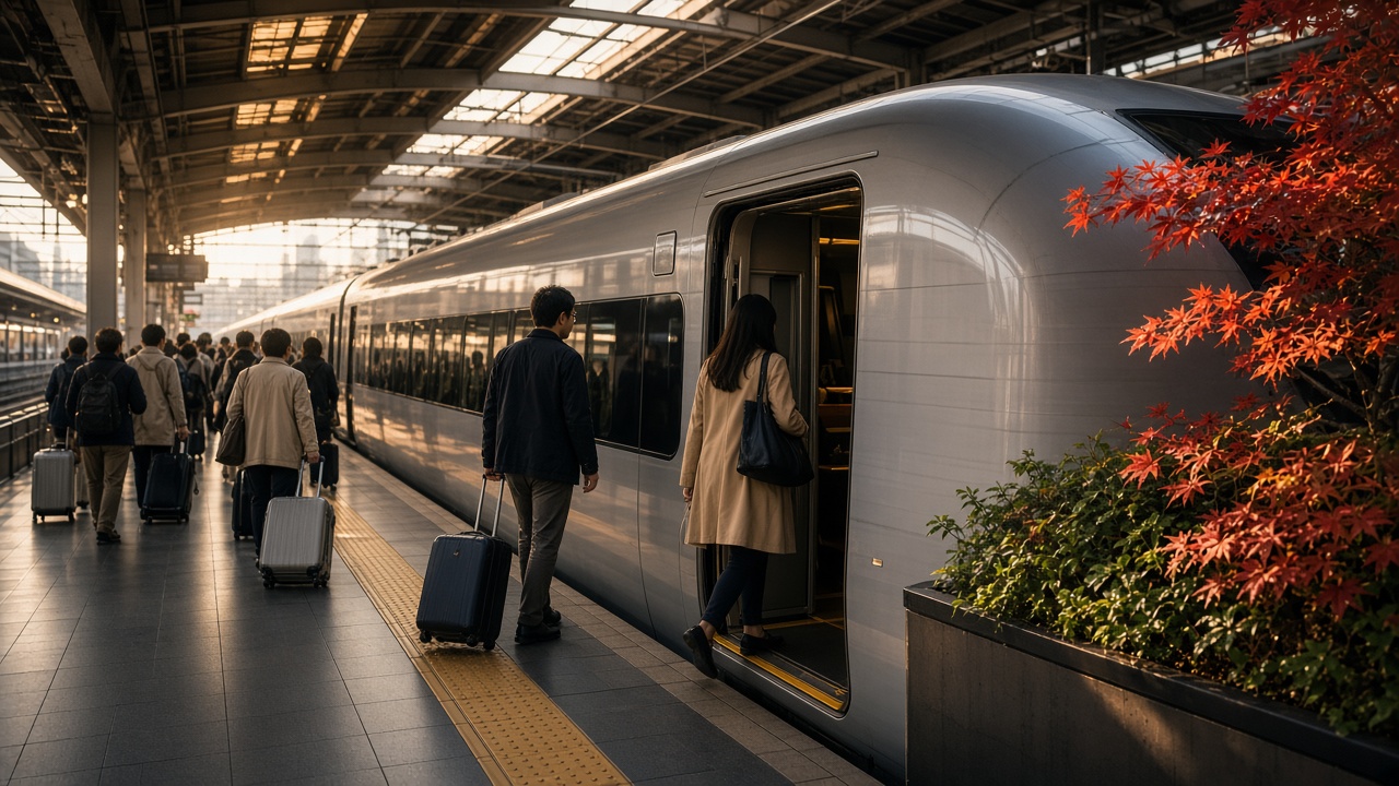 Travellers boarding a shinkansen on an early-autumn platform