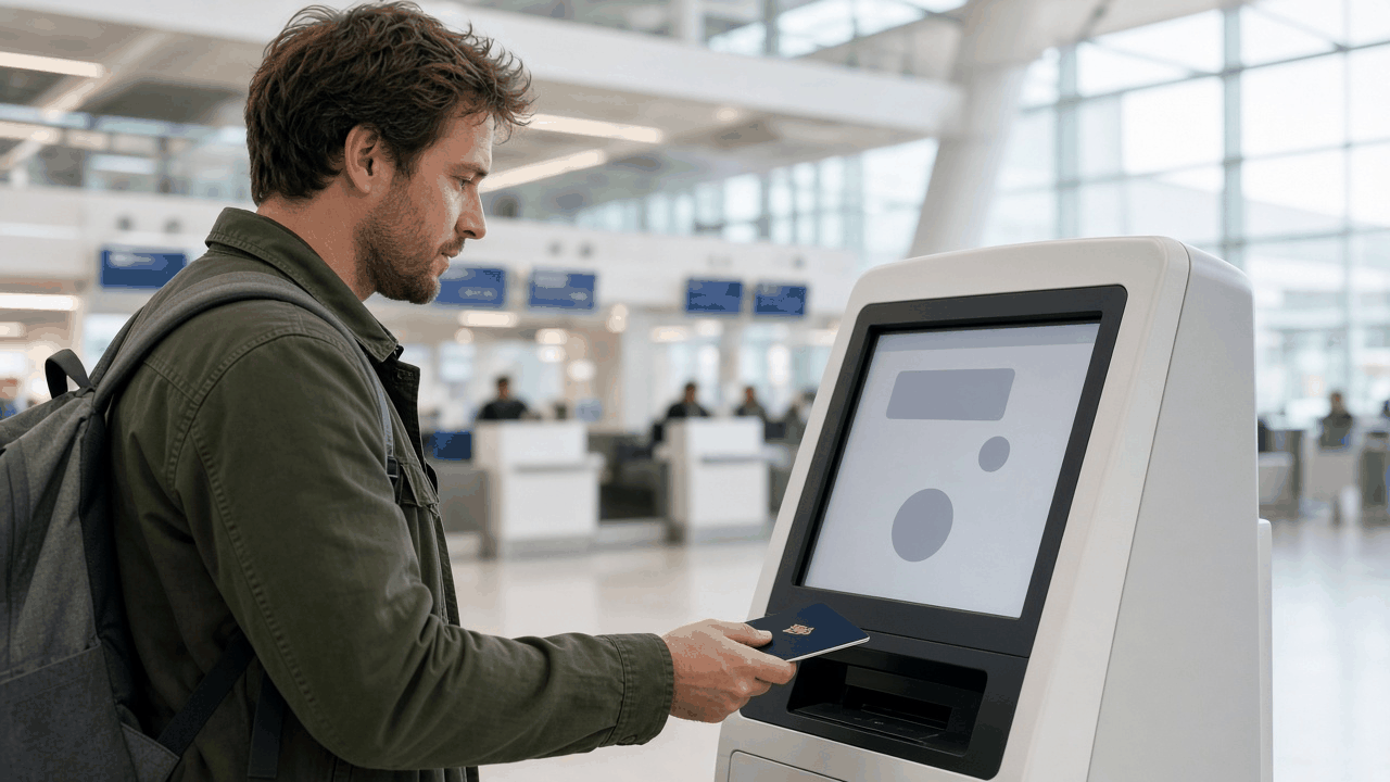 A traveller with a backpack holding a passport to a self-service kiosk in a bright airport departure hall, with check-in counters blurred in the background