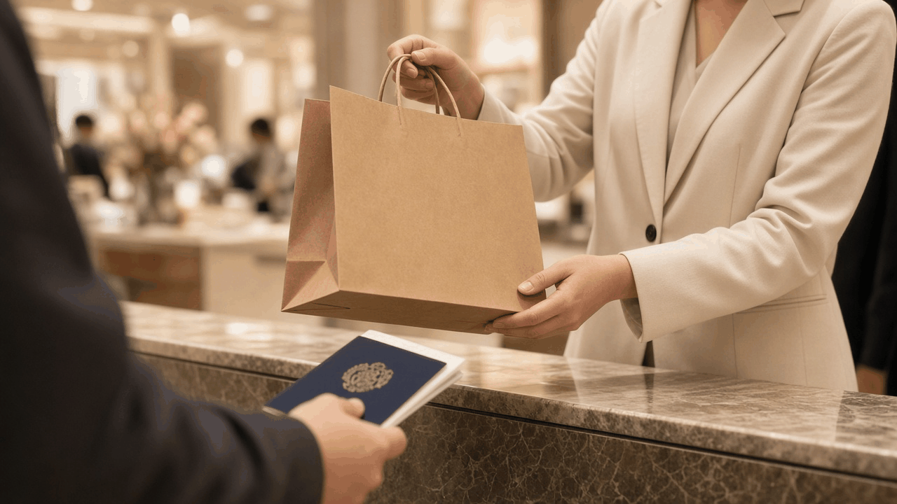 A shop assistant handing a paper shopping bag across a counter to a visitor holding a passport, in a bright Japanese department store