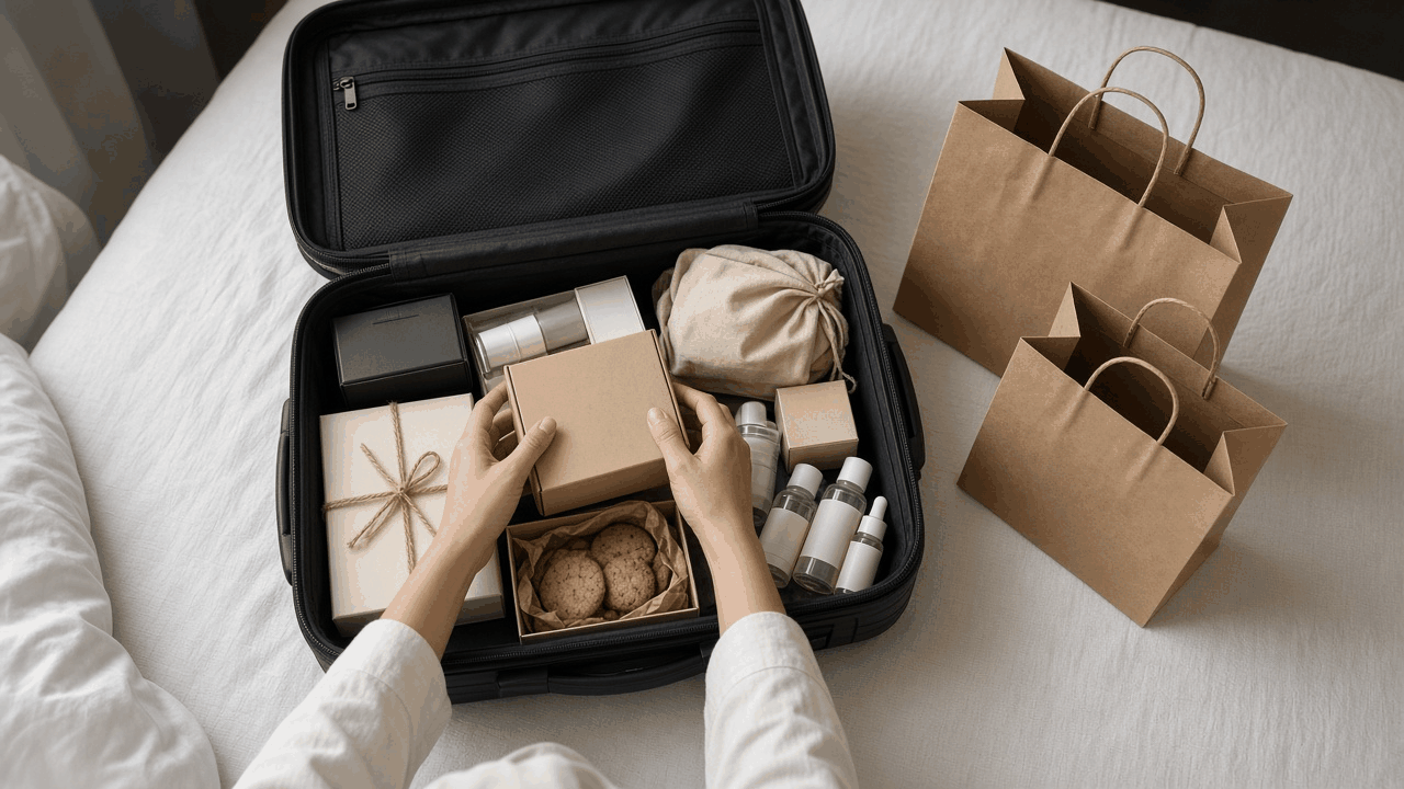 Hands packing boxed souvenirs, sweets and skincare into an open black suitcase on a hotel bed, with the shopping bags laid out beside it